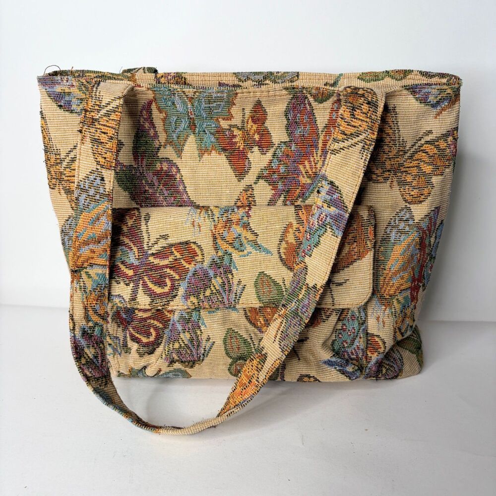 Tapestry Bag Tote Purse Butterfly Tan Zipper Closure 15" Boho Hippy Fairy